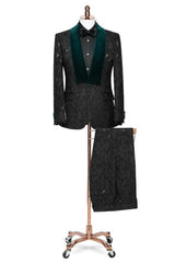Stylish Black Jacquard Wedding Suit With Dark Green Velvet Shawl Collar