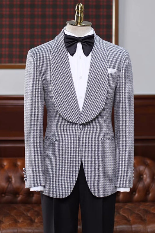 Stylish Black Plaid Shawl Collar Wedding Attire For Men