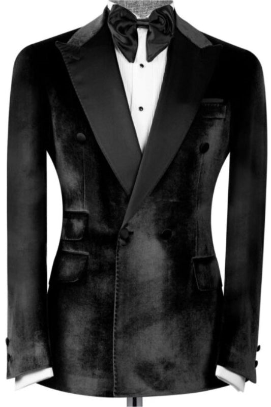 Stylish Black Velvet Peaked Lapel Double Breasted Prom Attire