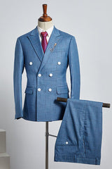 Stylish Blue Plaid Peak Lapel Double Breasted Custom Business Suit