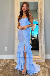 Stylish Blue Strapless Tiered Mermaid Gown with Slit for Prom