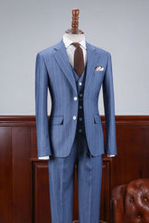 Stylish Blue Striped Three Pieces Slim Fit Men’s Business Suit