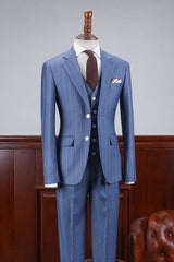 Stylish Blue Striped Three Pieces Slim Fit Men’s Business Suit