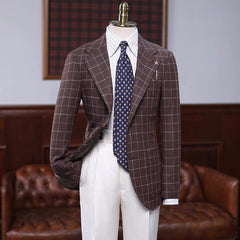 Stylish Brown Plaid Notched Lapel Prom Suit