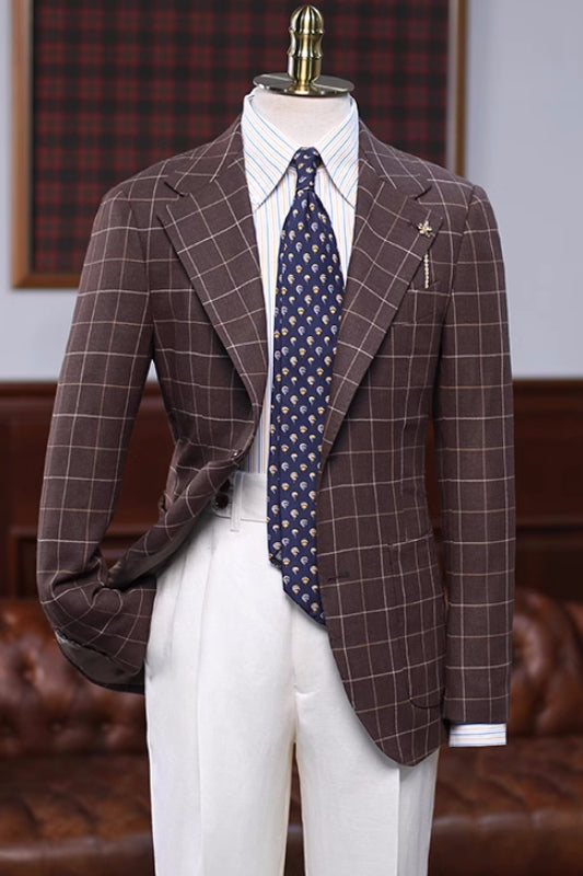 Stylish Brown Plaid Notched Lapel Prom Suit