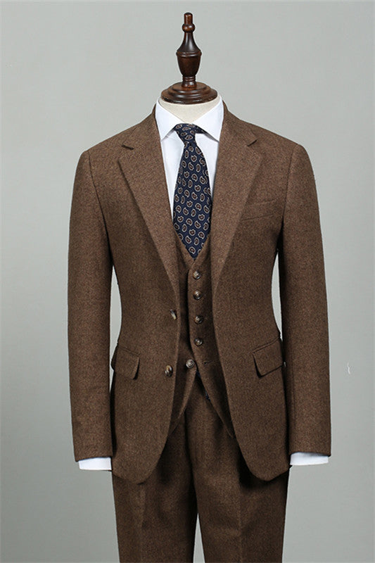Stylish Brown Three-Piece Tailored Men's Business Suit