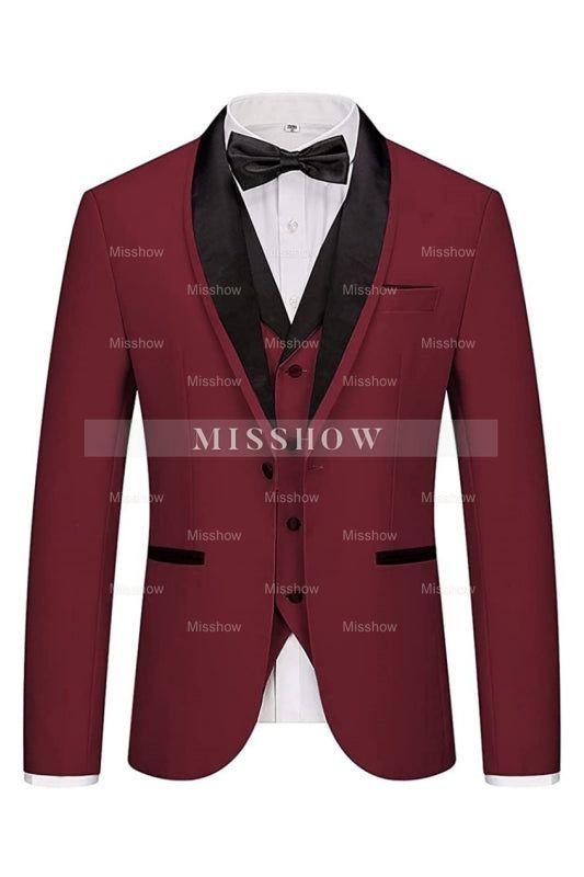 Stylish Burgundy Shawl Collar Three-Piece Wedding Suit