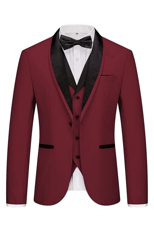Stylish Burgundy Shawl Collar Three-Piece Wedding Suit