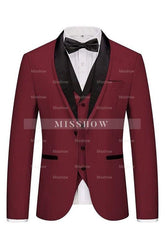Stylish Burgundy Shawl Collar Three-Piece Wedding Suit