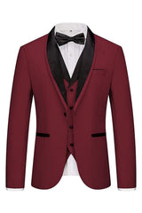 Stylish Burgundy Shawl Collar Three-Piece Wedding Suit