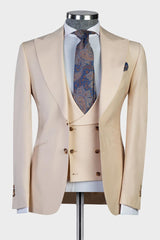 Stylish Champagne Peaked Lapel Three-Piece Best Fit Men’s Suits