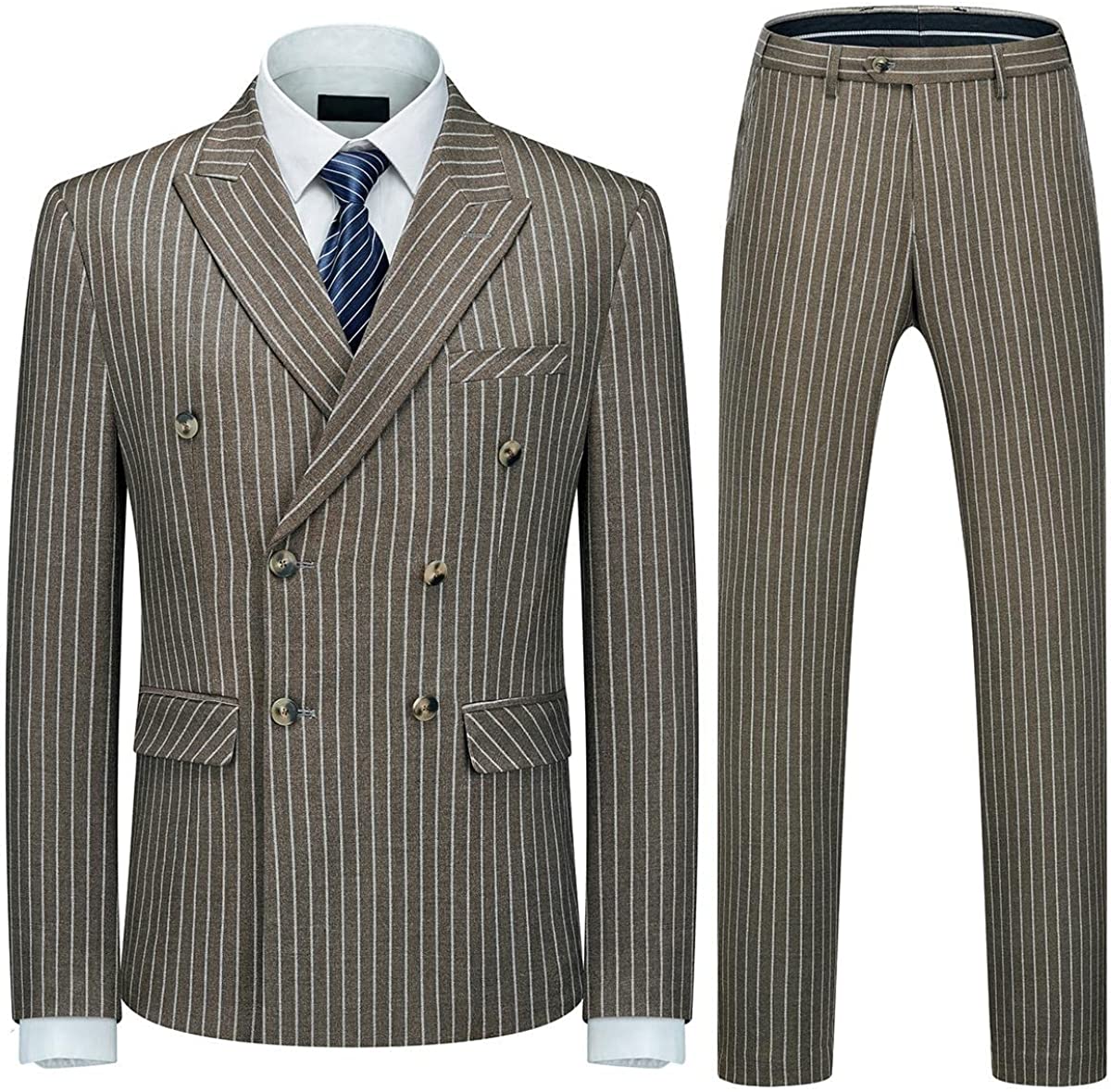 Stylish Coffee Double Breasted Peak Lapel Striped Business Suit for Men