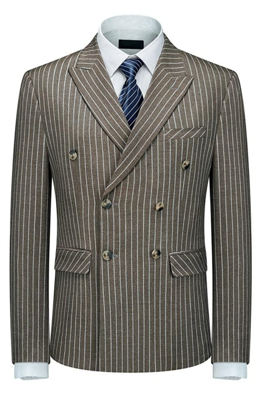 Stylish Coffee Double Breasted Peak Lapel Striped Business Suit for Men