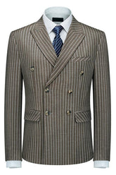 Stylish Coffee Double Breasted Peak Lapel Striped Business Suit for Men