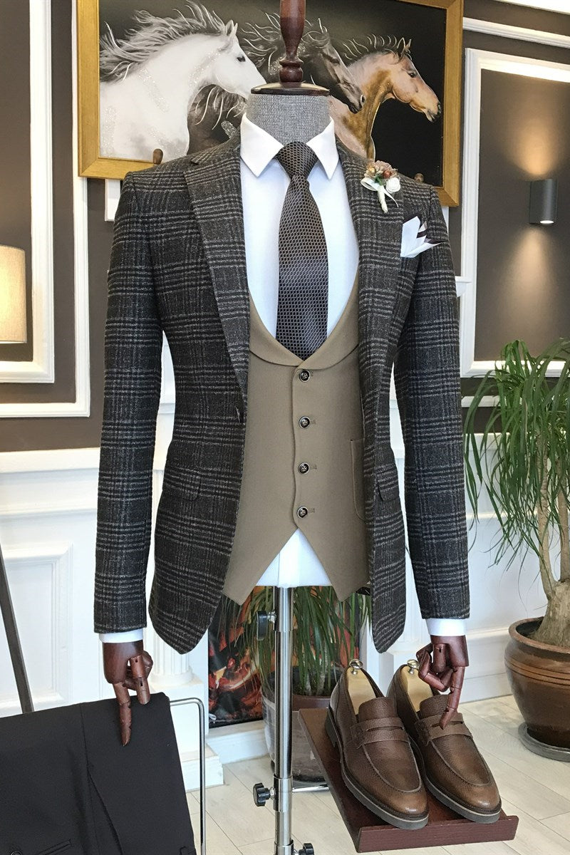 Stylish Coffee Plaid Three-Piece Peak Lapel Business Suit for Men