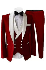 Stylish Crimson Shawl Collar Three-Piece Groom's Ensemble
