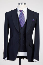 Stylish Dark Navy Three-Piece Peak Lapel Men’s Suits