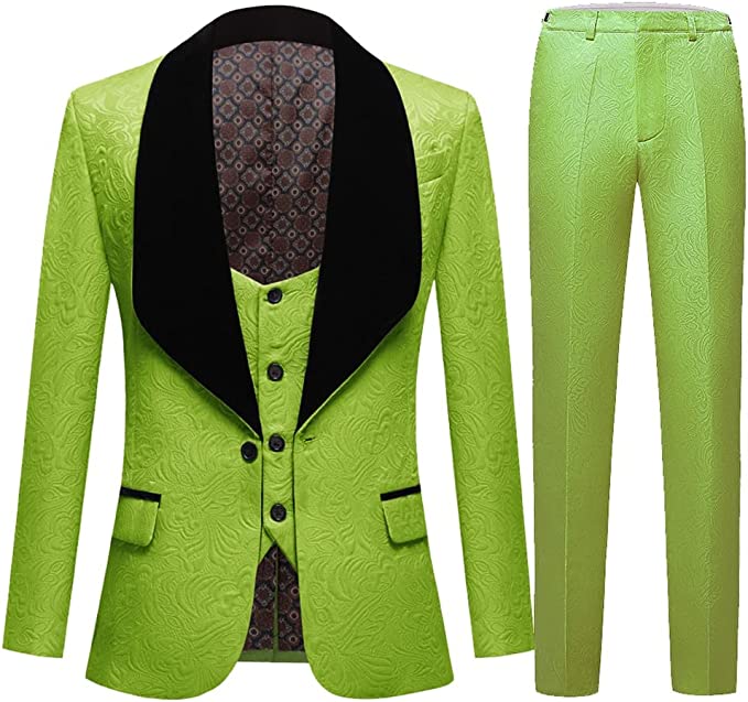 Stylish Emerald Three-Piece Jacquard Wedding Attire With Black Velvet Shawl Collar