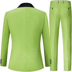 Stylish Emerald Three-Piece Jacquard Wedding Attire With Black Velvet Shawl Collar