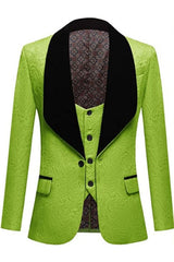 Stylish Emerald Three-Piece Jacquard Wedding Attire With Black Velvet Shawl Collar