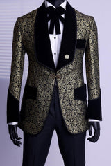 Stylish Gold Black Jacquard Wedding Suit With Velvet Lapel