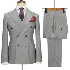 Stylish Gray Peak Lapel Double Breasted Plaid Prom Suit