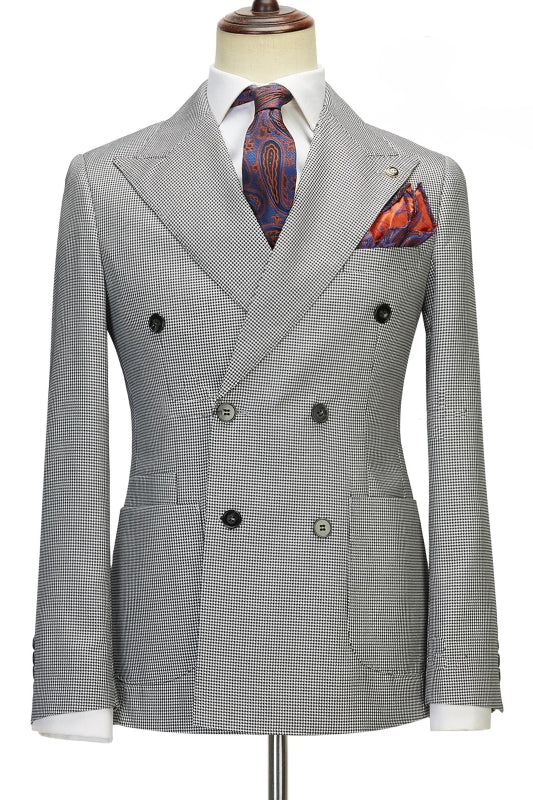 Stylish Gray Peak Lapel Double Breasted Plaid Prom Suit