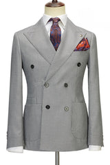 Stylish Gray Peak Lapel Double Breasted Plaid Prom Suit