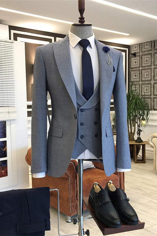 Stylish Gray Peaked Lapel Three-Piece Men's Prom Suit