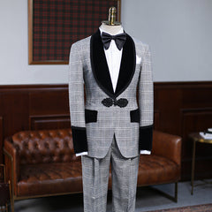 Stylish Gray Plaid Knitted Button Wedding Suit for Grooms