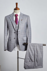 Stylish Gray Plaid Three Pieces Slim Fit Tailored Business Suit