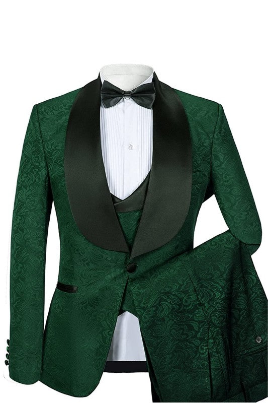 Stylish Green Jacquard Shawl Lapel Three-Piece Wedding Suit