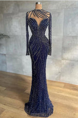 Stylish High Neck Navy Mermaid Evening Dress with Detachable Tulle Train Crystals Beads Long Prom Evening Dresses