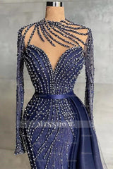 Stylish High Neck Navy Mermaid Evening Dress with Detachable Tulle Train Crystals Beads Long Prom Evening Dresses