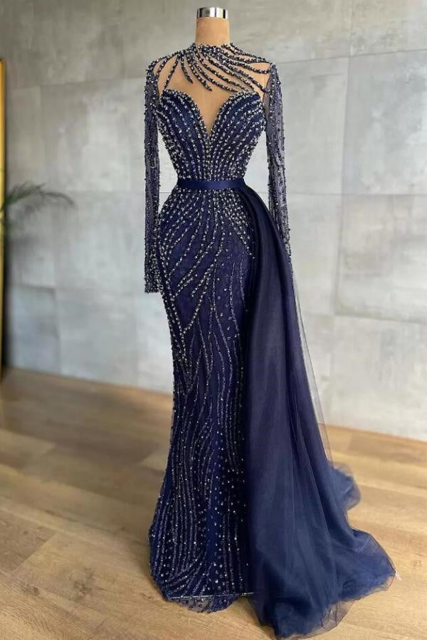 Stylish High Neck Navy Mermaid Evening Dress with Detachable Tulle Train Crystals Beads Long Prom Evening Dresses
