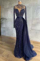 Stylish High Neck Navy Mermaid Evening Dress with Detachable Tulle Train Crystals Beads Long Prom Evening Dresses