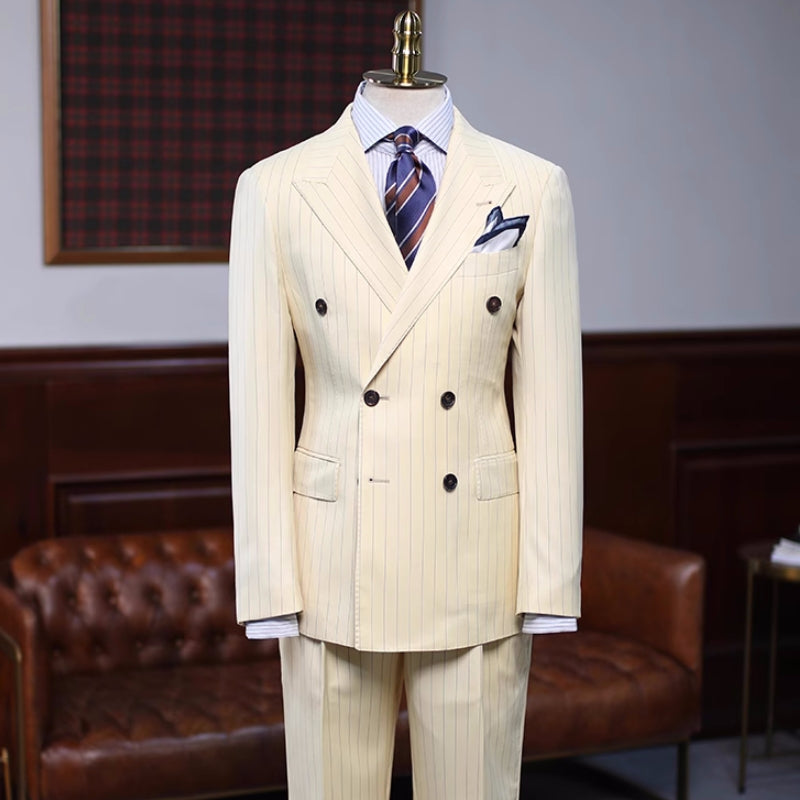 Stylish Ivory Peaked Lapel Double Breasted Striped Prom Ensemble