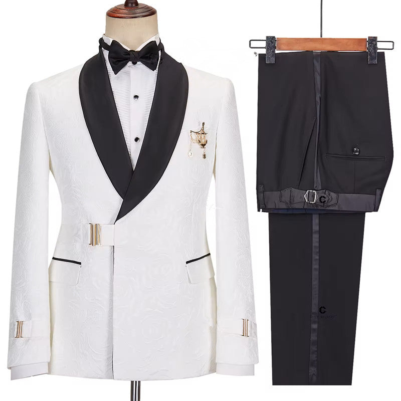 Stylish Ivory Shawl Lapel Brocade Wedding Suit