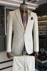 Stylish Ivory Striped Notched Lapel Slim Fit Men's Prom Suit