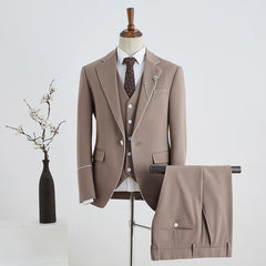 Stylish Khaki Three Pieces Notched Lapel Slim Fit Tailored Business Suit