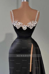 Stylish Long Black A-line Sleeveless Satin Split Front Prom Evening Dresses with Jewels