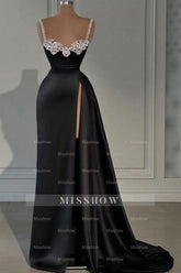 Stylish Long Black A-line Sleeveless Satin Split Front Prom Evening Dresses with Jewels