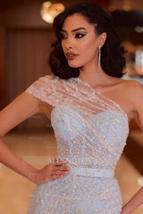 Stylish Long Blue One Shoulder Beading Lace Prom Evening Dresses with Slit