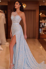 Stylish Long Blue One Shoulder Beading Lace Prom Evening Dresses with Slit