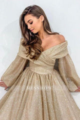Stylish Long Champagne A-line Off-the-shoulder Long Sleeves Prom Evening Dresses with Glitter