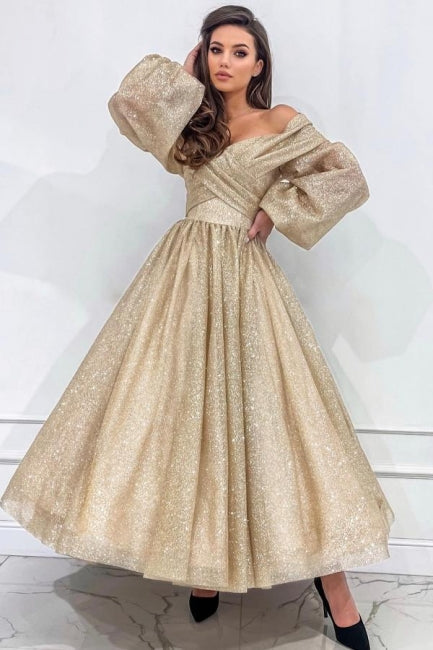 Stylish Long Champagne A-line Off-the-shoulder Long Sleeves Prom Evening Dresses with Glitter