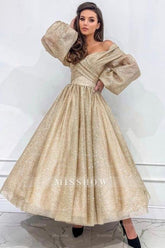 Stylish Long Champagne A-line Off-the-shoulder Long Sleeves Prom Evening Dresses with Glitter