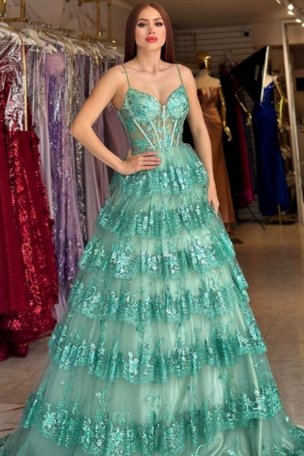 Stylish Long Green A-line Spaghetti Straps Sequined Lace Prom Evening Dresses