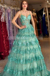 Stylish Long Green A-line Spaghetti Straps Sequined Lace Prom Evening Dresses
