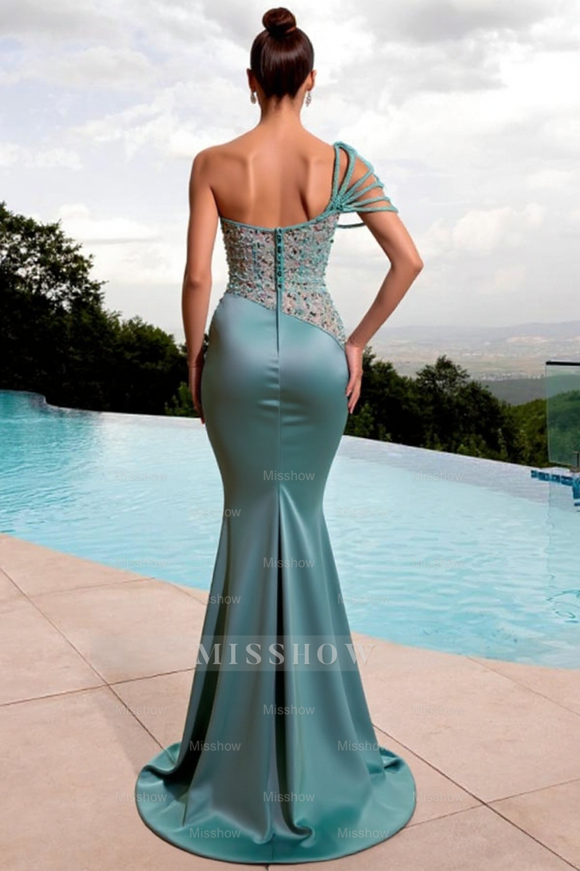 Stylish Long Mermaid One Shoulder Beading Satin Sleeveless Prom Evening Dresses